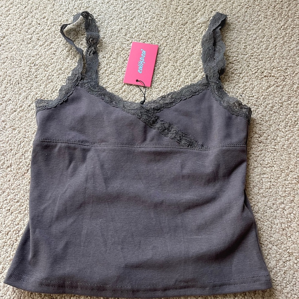 Gray Lace Trim Tank Top